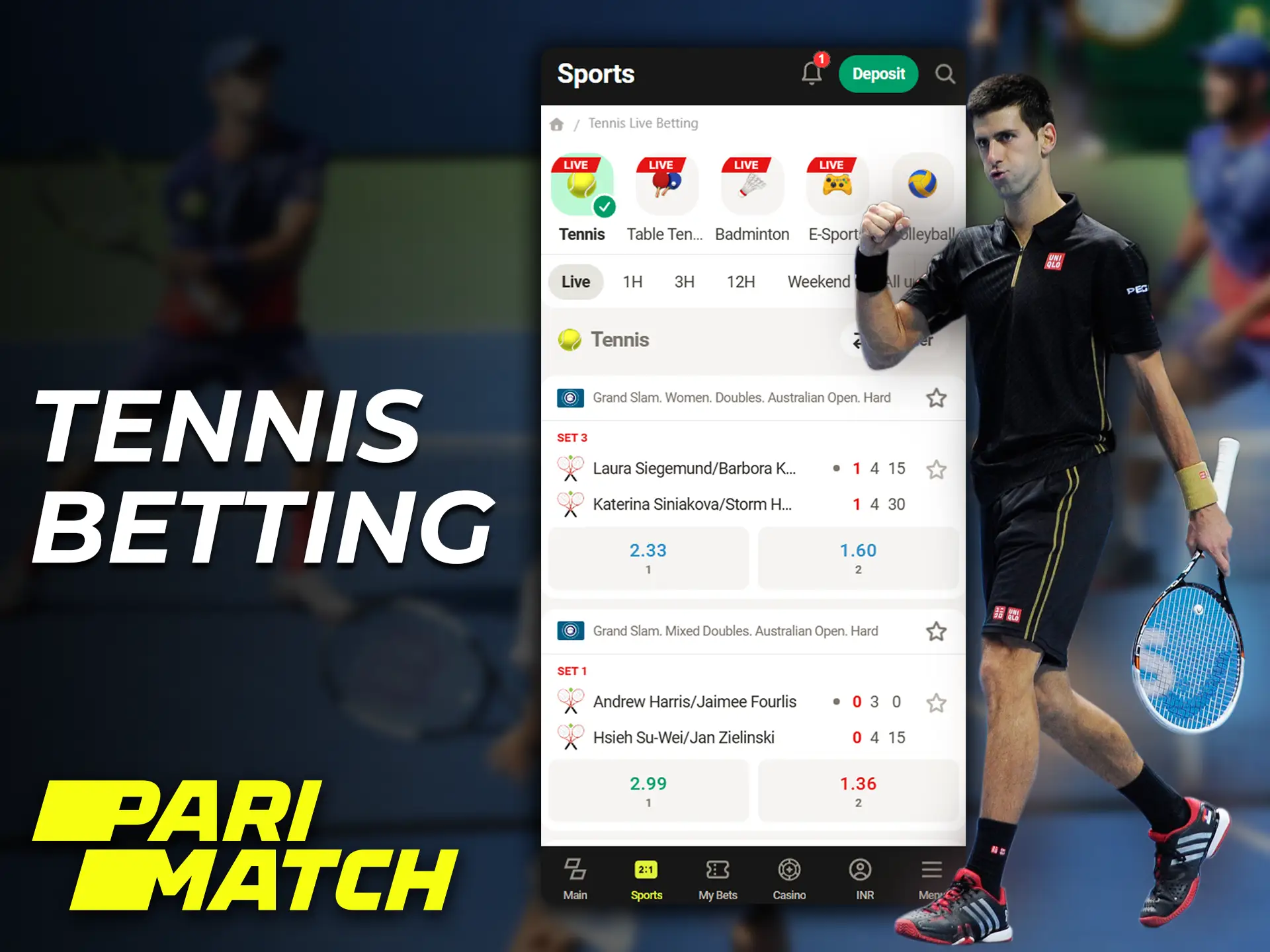 Tennis fans can place their bets on the Parimatch app.