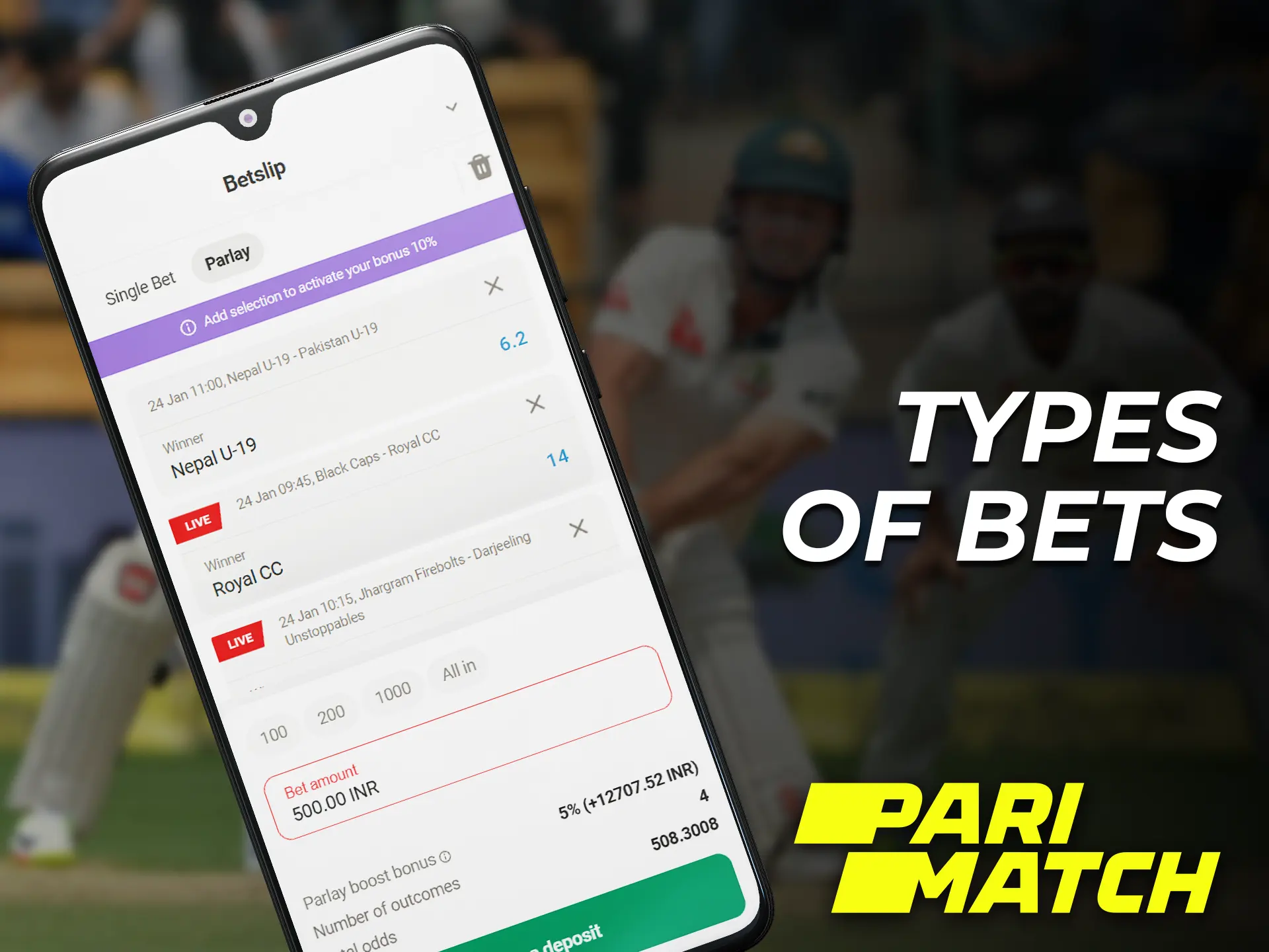 The main types of bets in the Parimatch app.