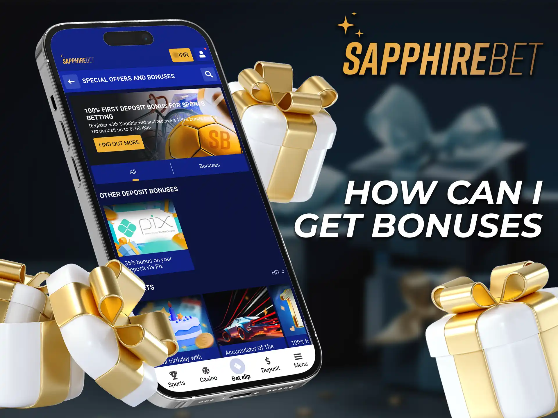 To get bonuses in the SapphireBet app, register an account and explore the available welcome bonuses.