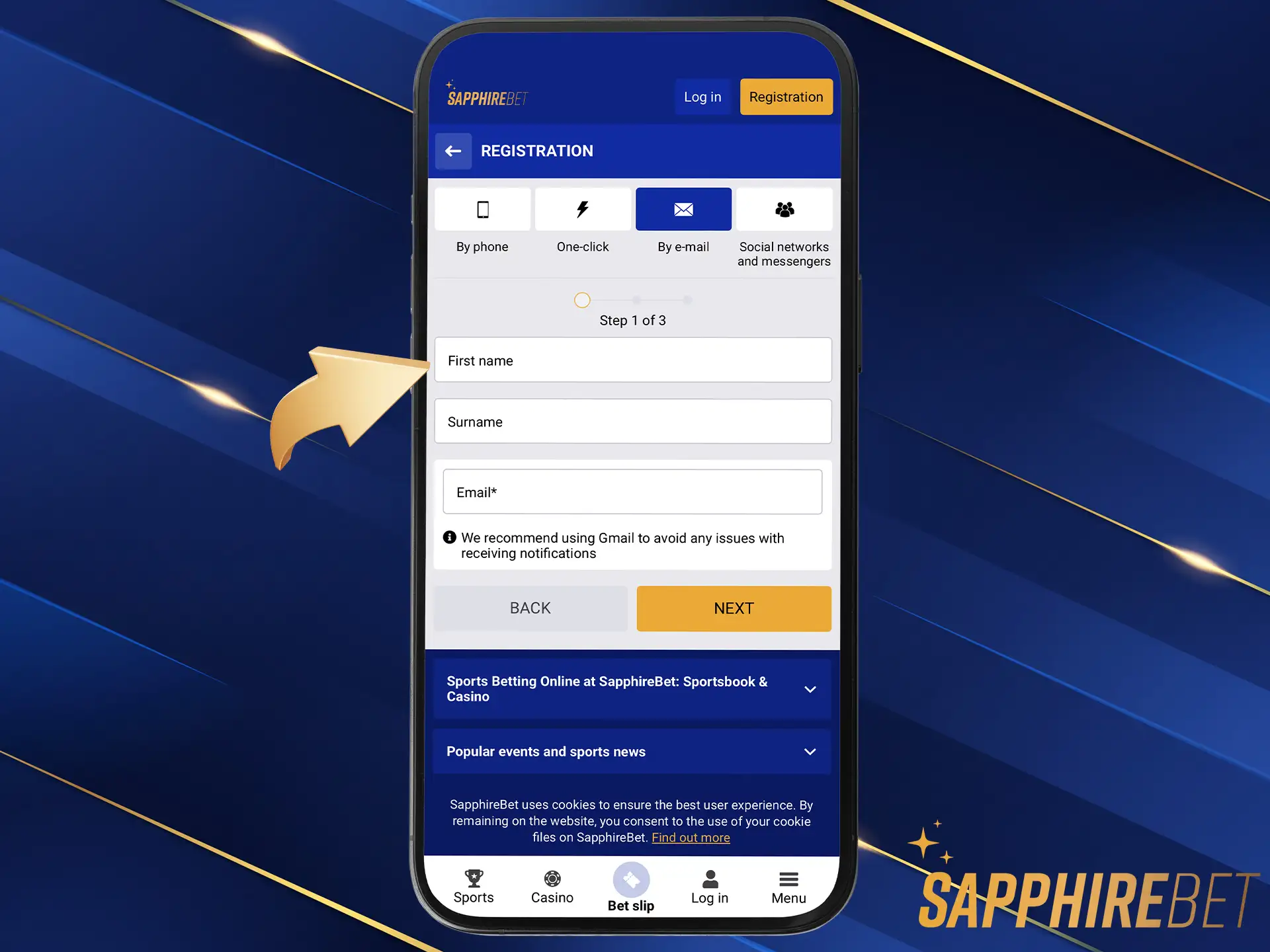 Fill out the SapphireBet registration form.