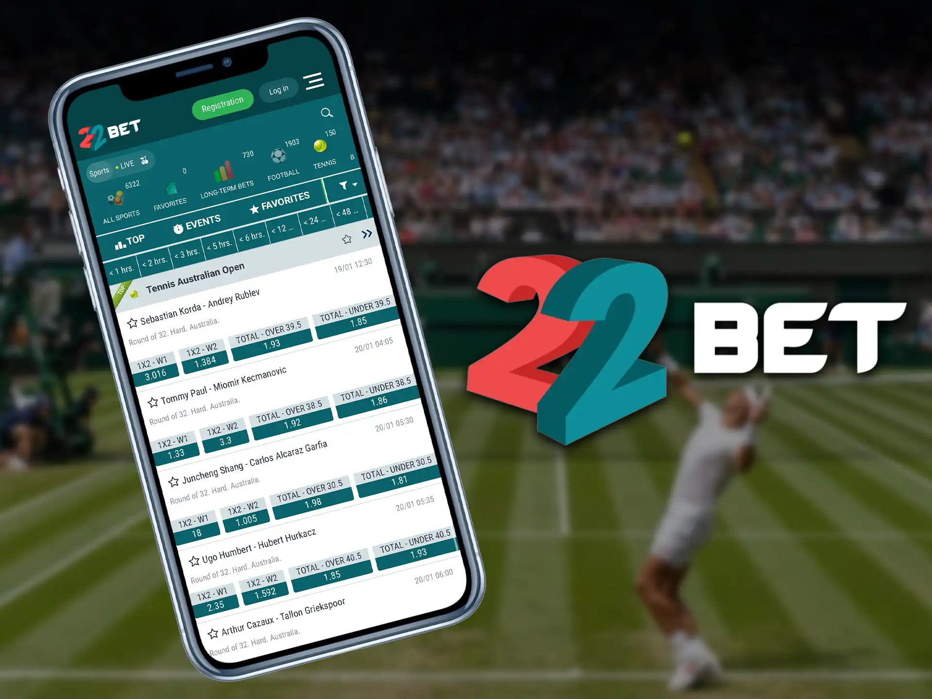 Download the 22Bet app to get access to tennis betting.