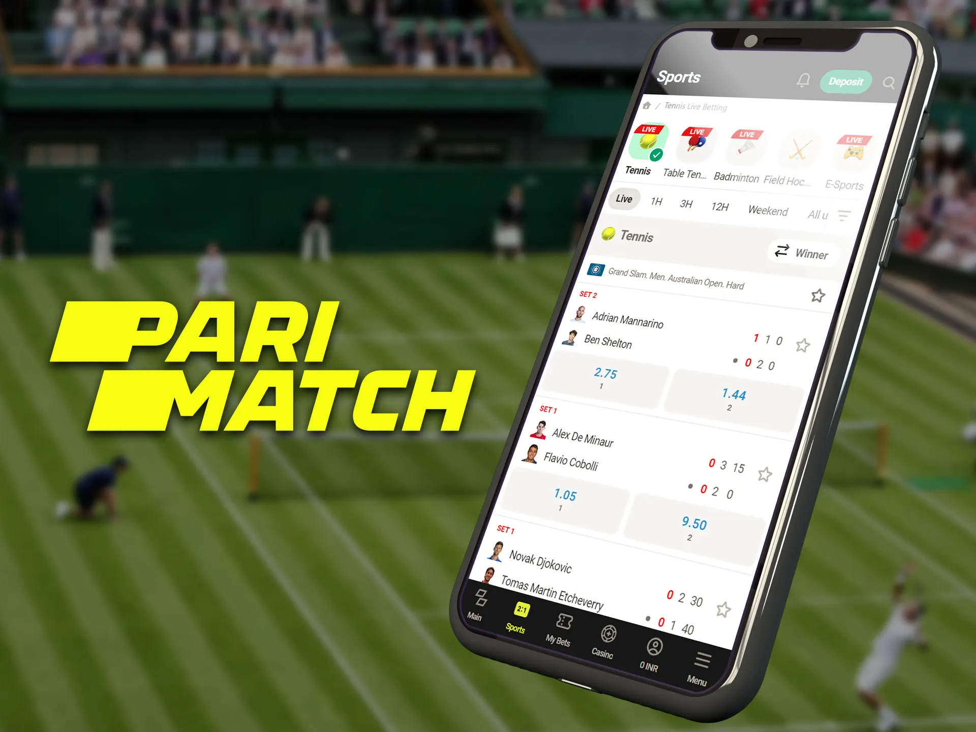 Parimatch mobile app allows you to bet on tennis with the highest odds.