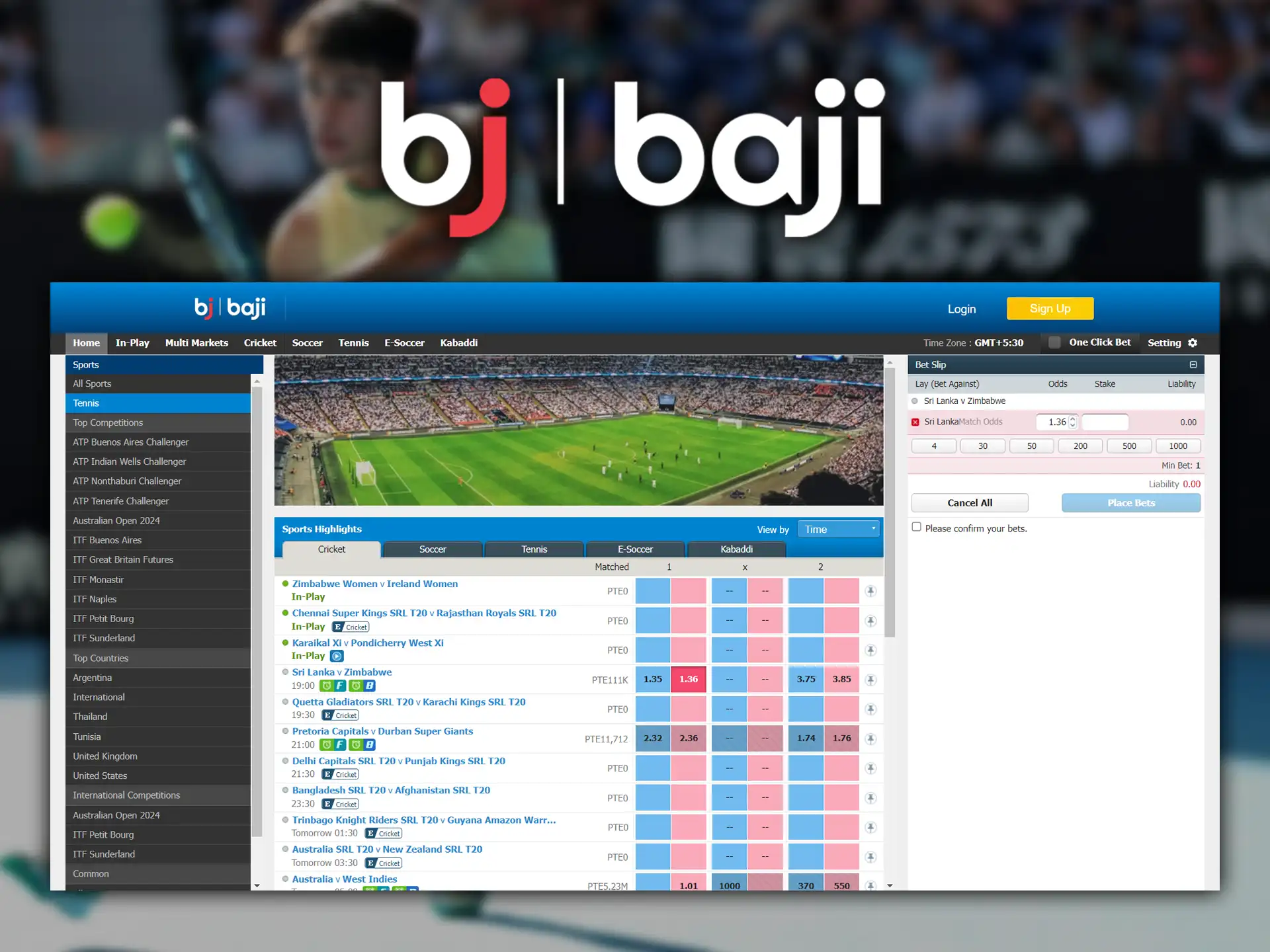 Baji Live offers betting on tennis and over 30 other sports.