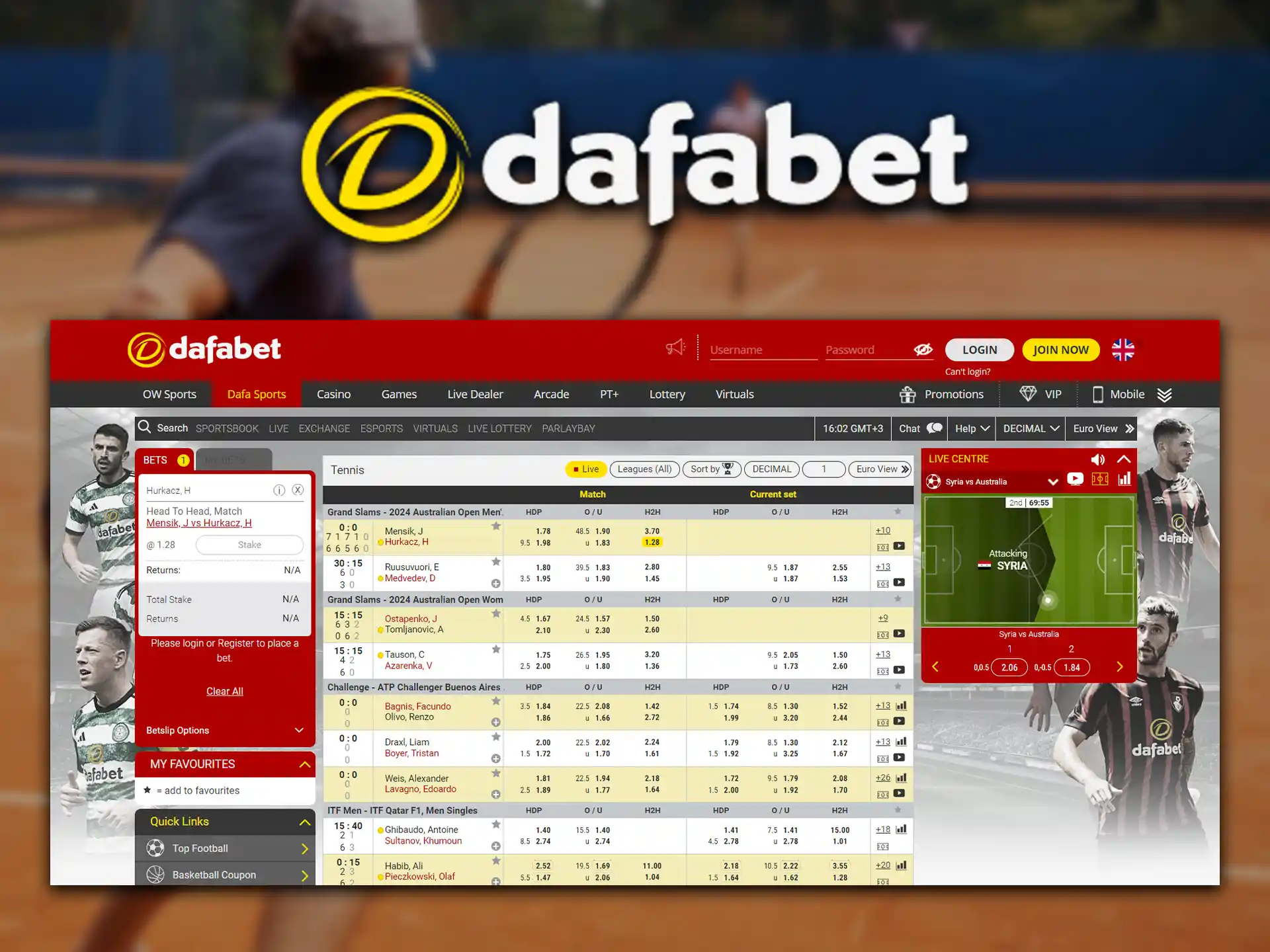 Dafabet is a reliable platform for betting on tennis and other sports.