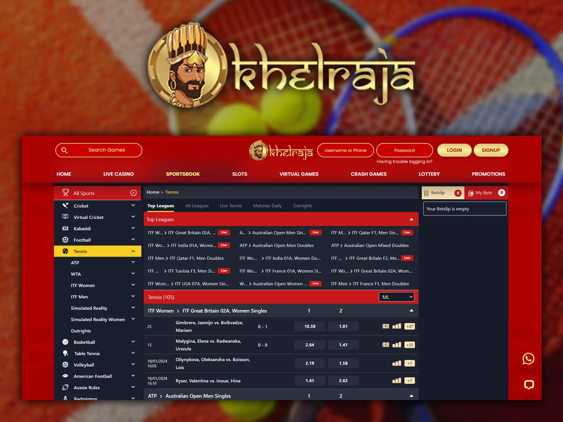 Khelraja offers tennis betting for every Indian user.