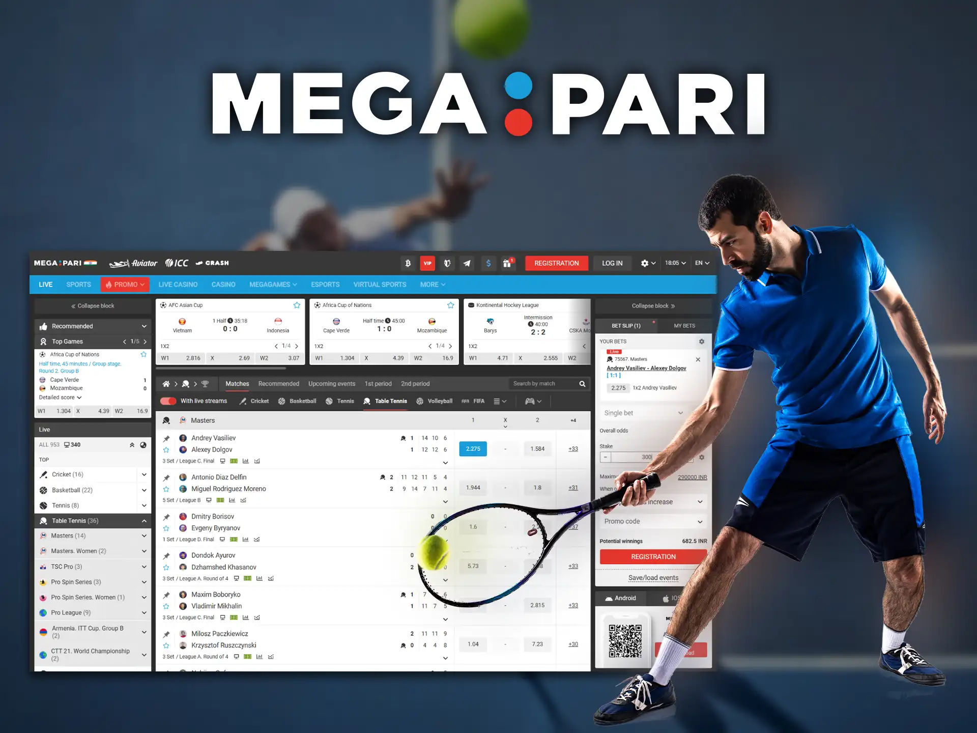 Place your tennis bets in real time, right on the Megapari homepage.