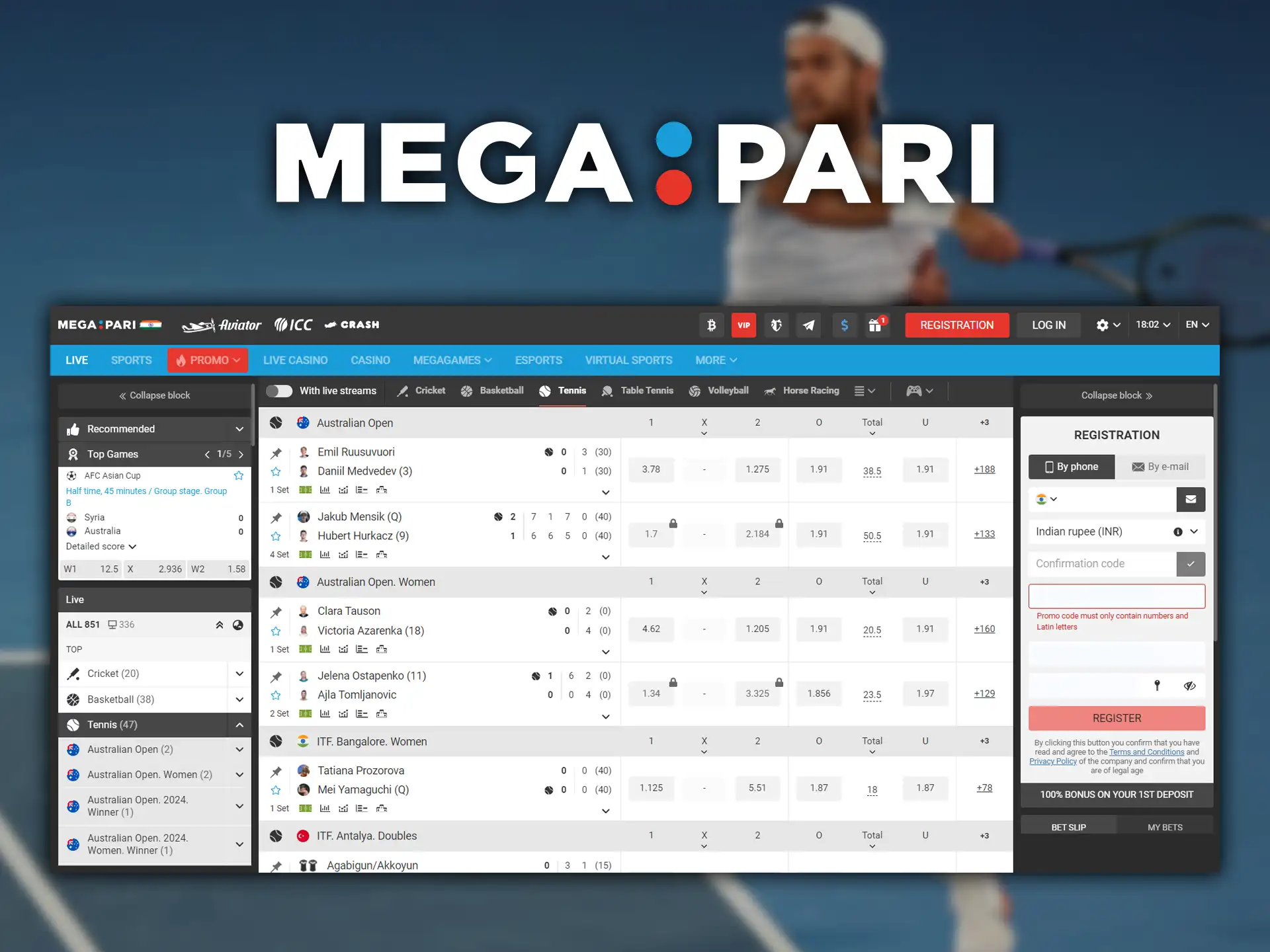 Megapari is popular among Indian players for live streaming of all tennis matches.
