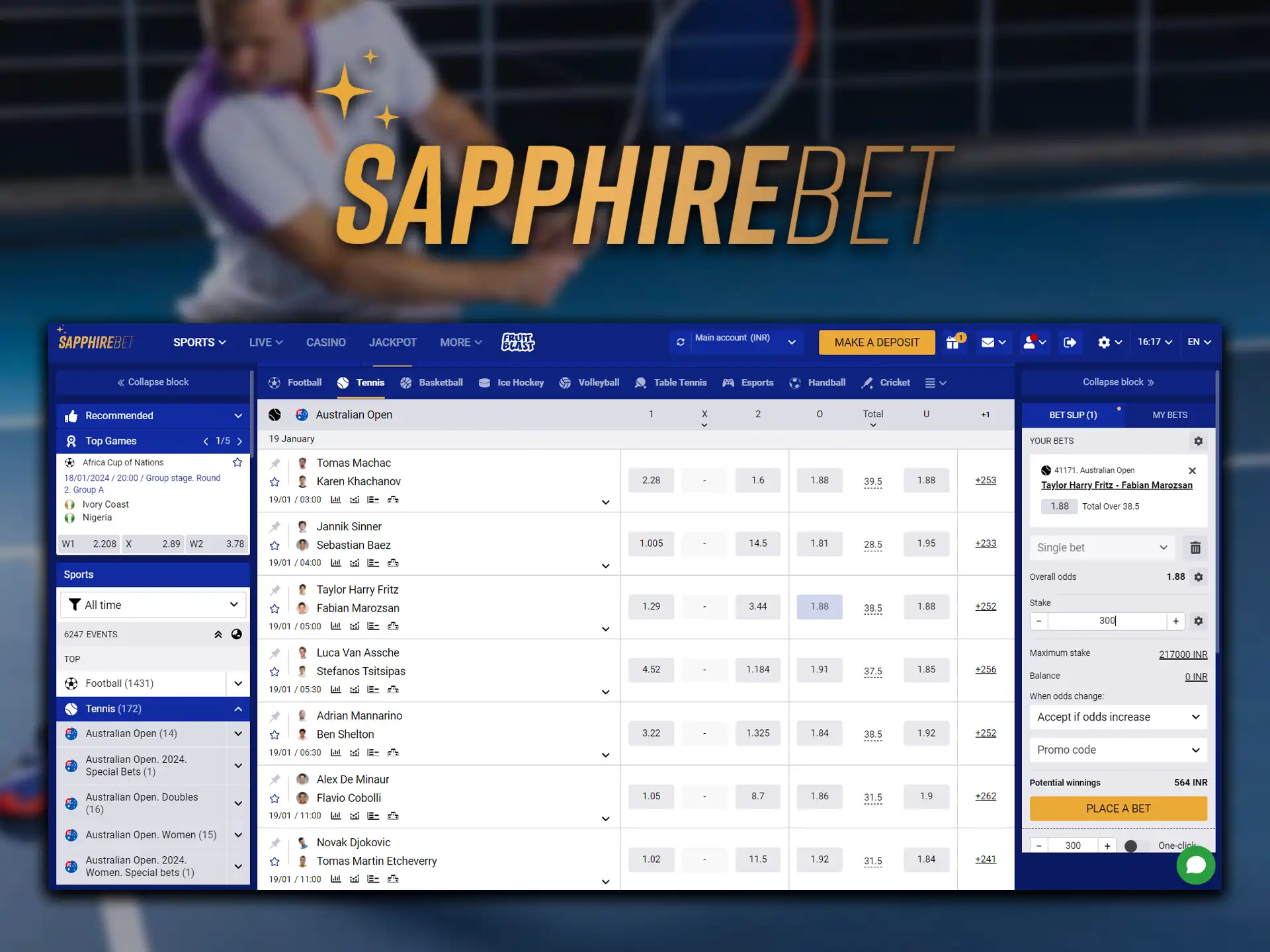 SapphireBet offers tennis betting and the best payment methods.