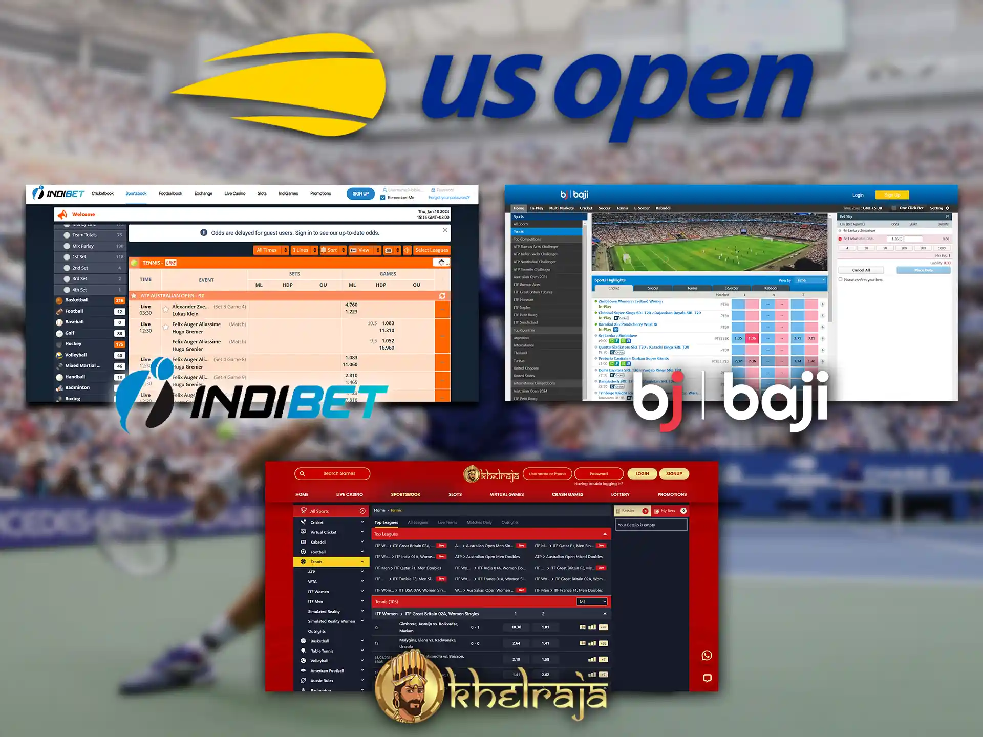 Place great bets on the US Open with Indibet, Khelraja or Baji Live.