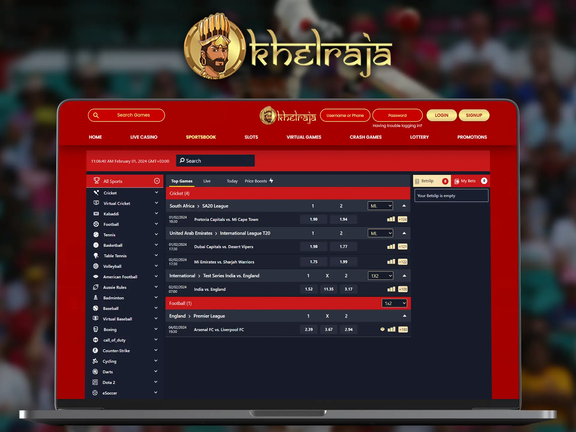 Khelraja offers betting on a multitude of sports, games, events and a generous 300% welcome bonus.