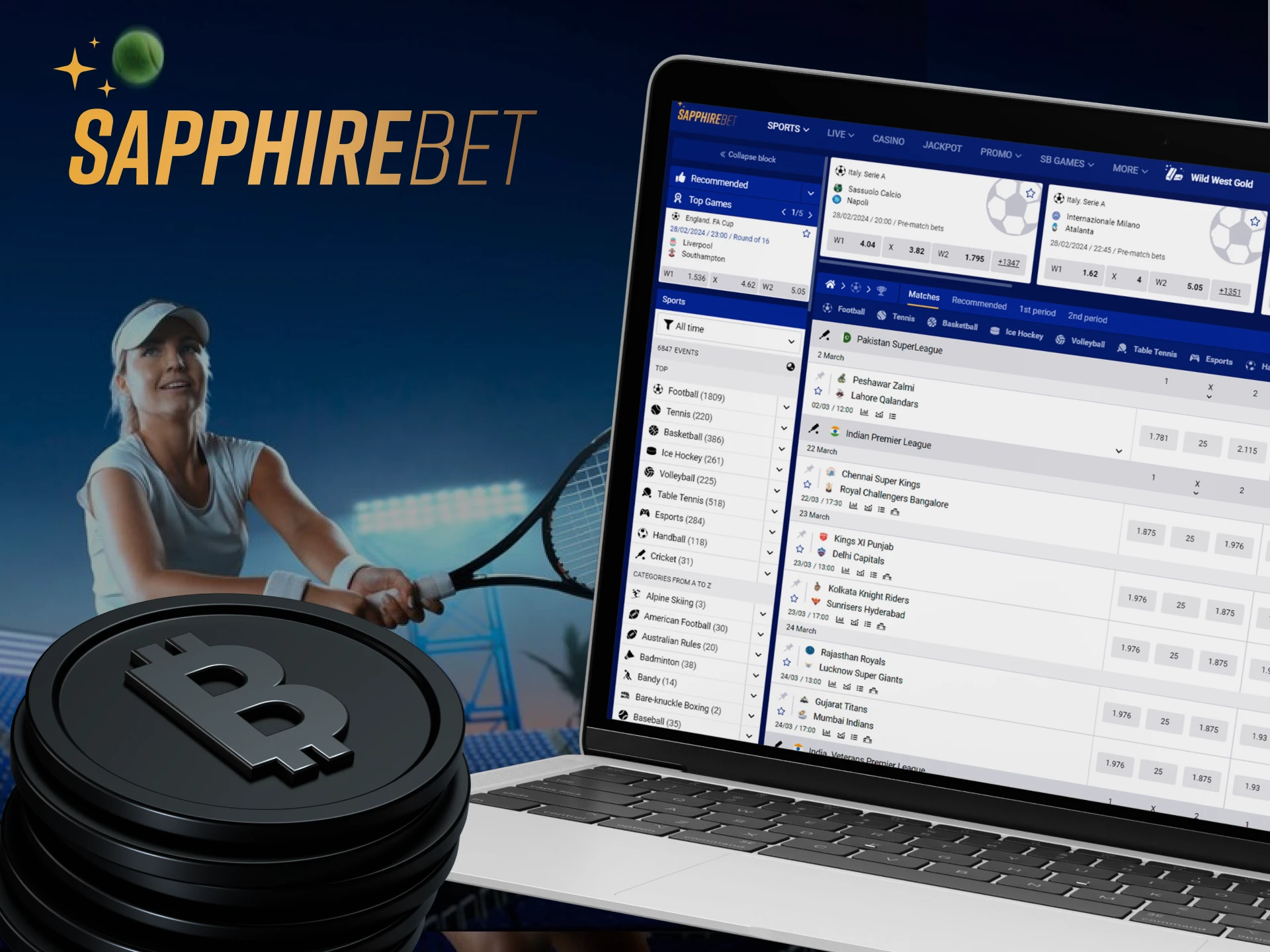 At Sapphirebet you can bet on sports not only in rupees, but also in cryptocurrency.