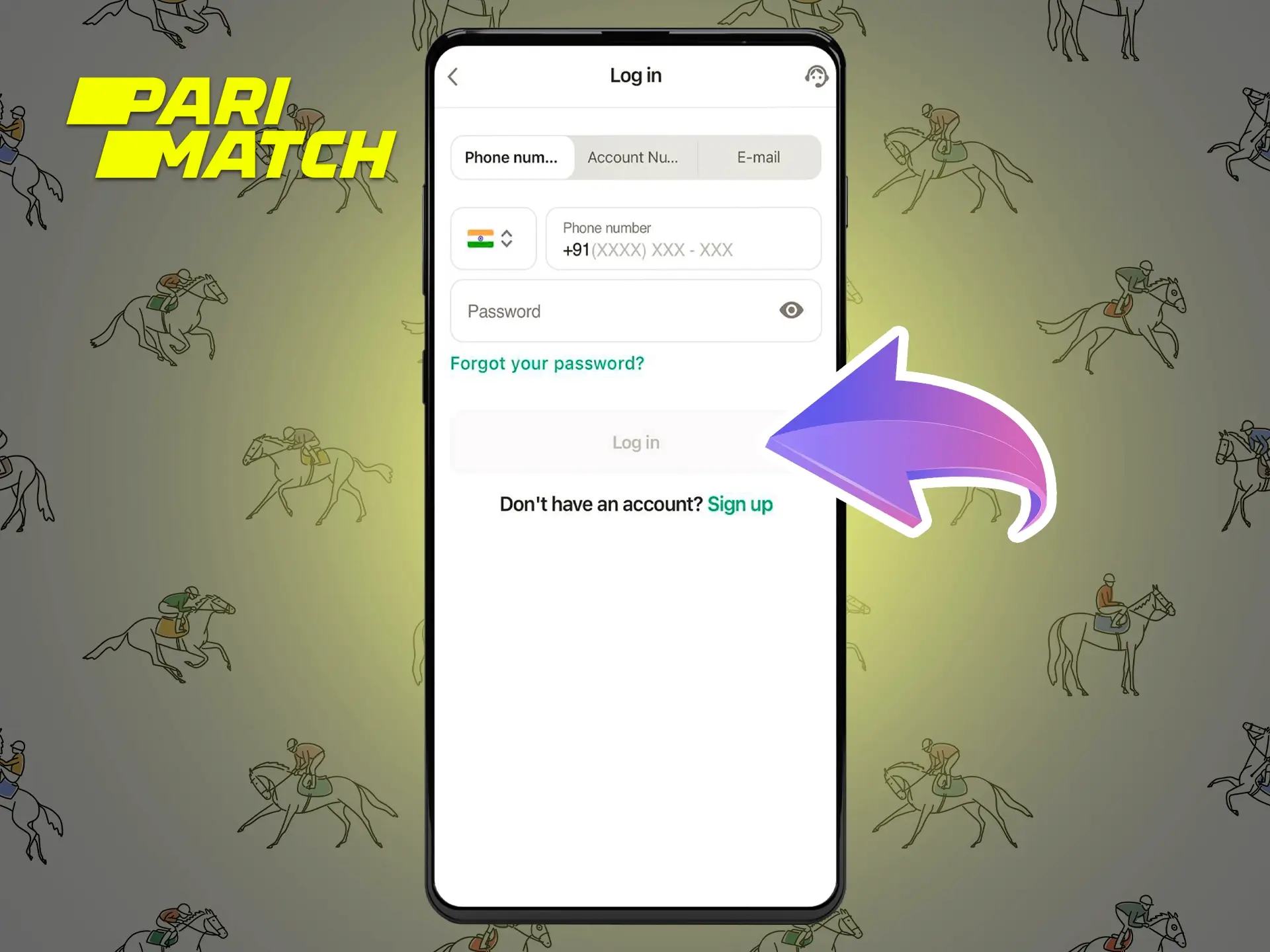 Open the official Parimatch India website and log in to your personal account using your phone number.