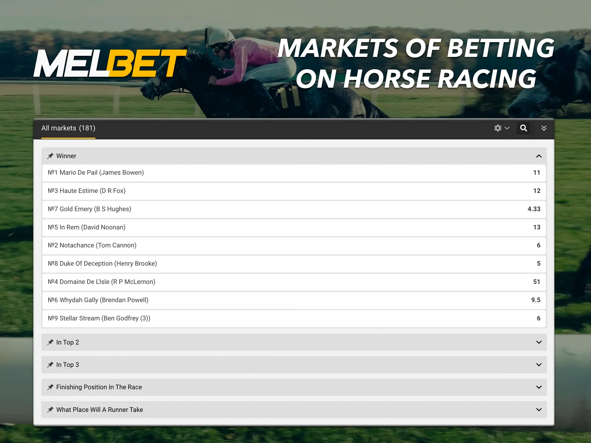 At Melbet, you'll find a wide variety of horse racing bets.