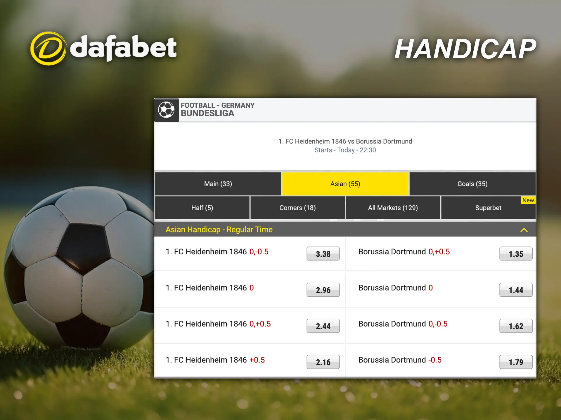 Dafabet gives good odds on Handicap bets in matches where there is a clear winner.