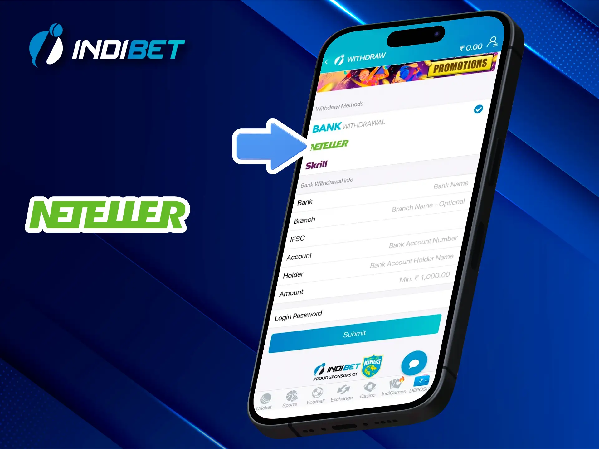 Use Neteller to deposit and withdraw funds from the famous Indibet betting site.