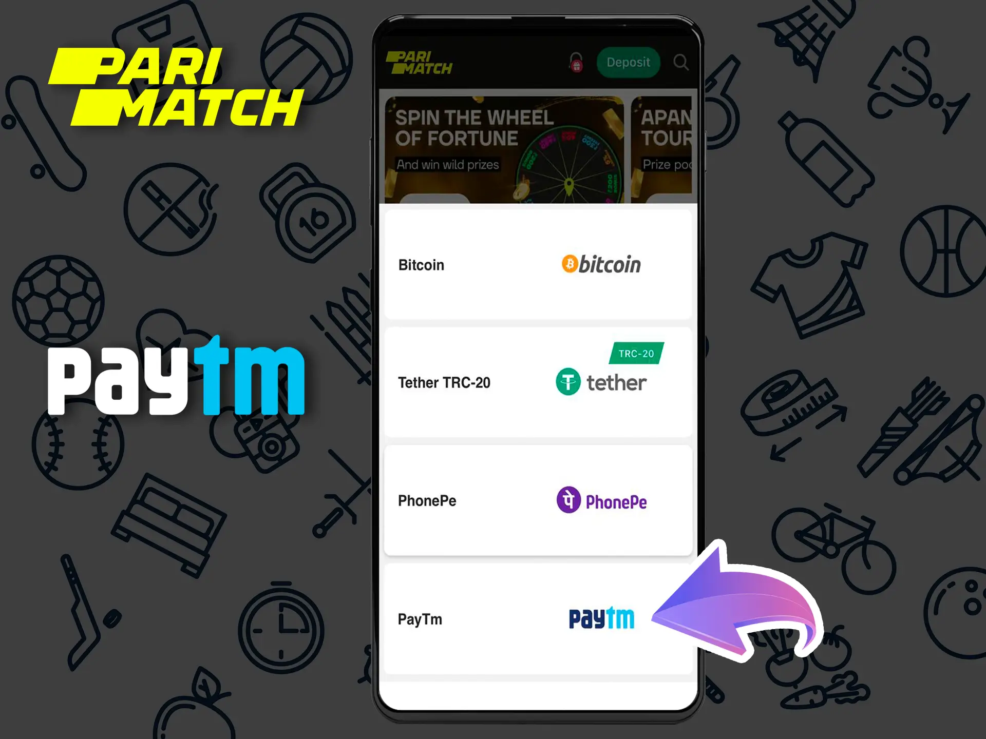 Go to your personal Parimatch account and select top up via PayTM.