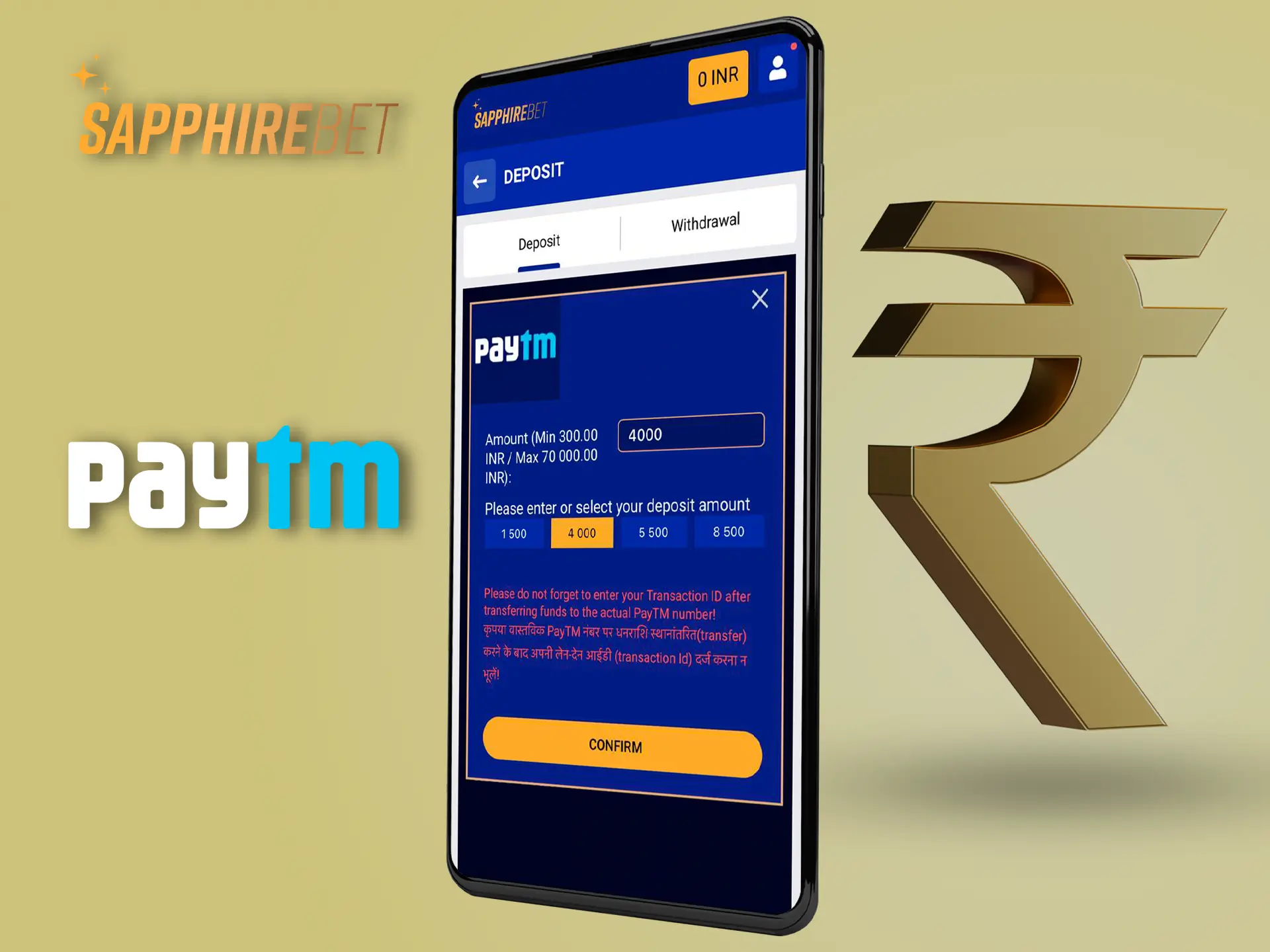 SapphireBet and the support team will always help you deposit or withdraw your funds via PayTm.