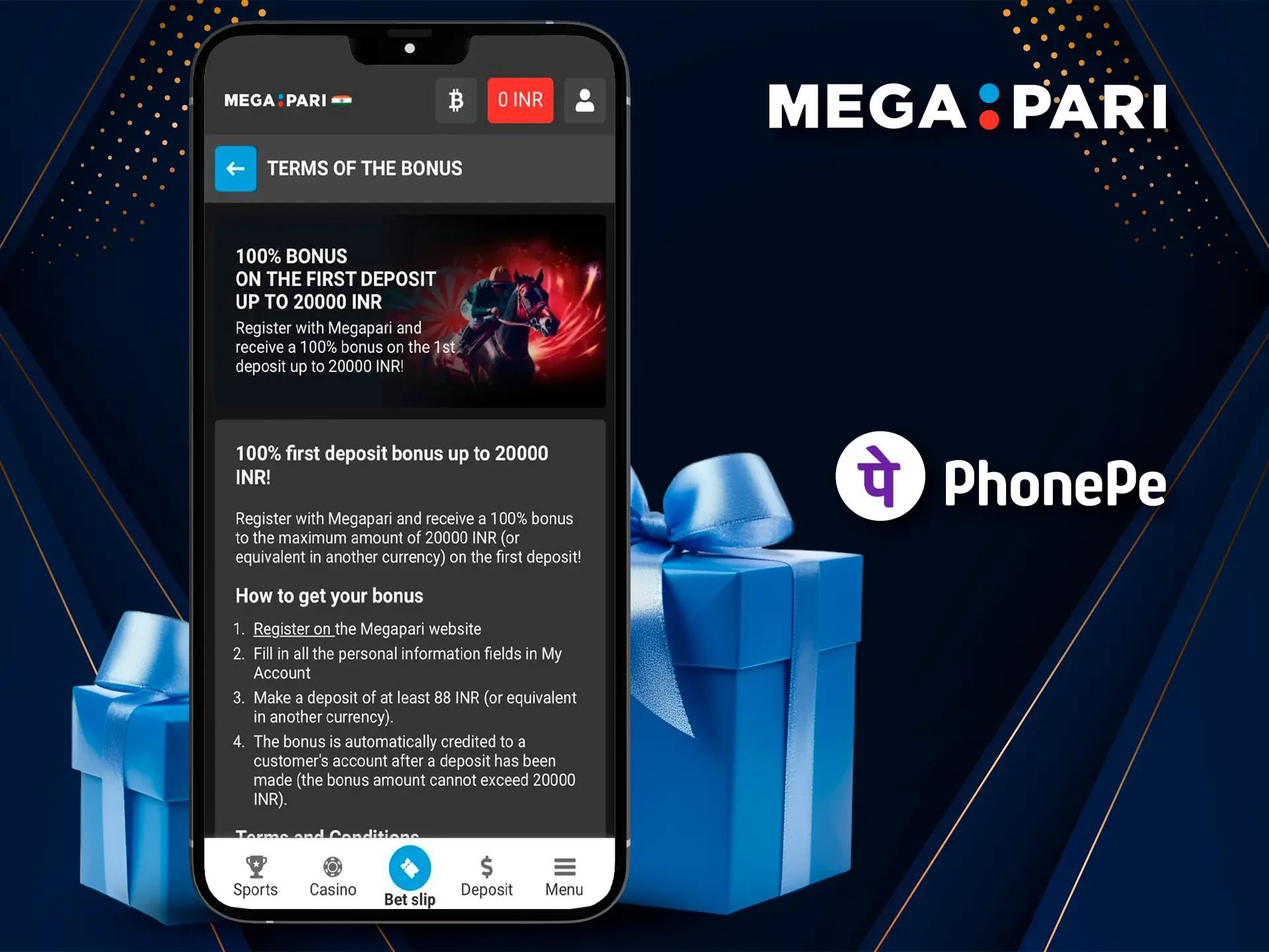 Use Megapari bonuses and top up your account using PhonePe payment system.