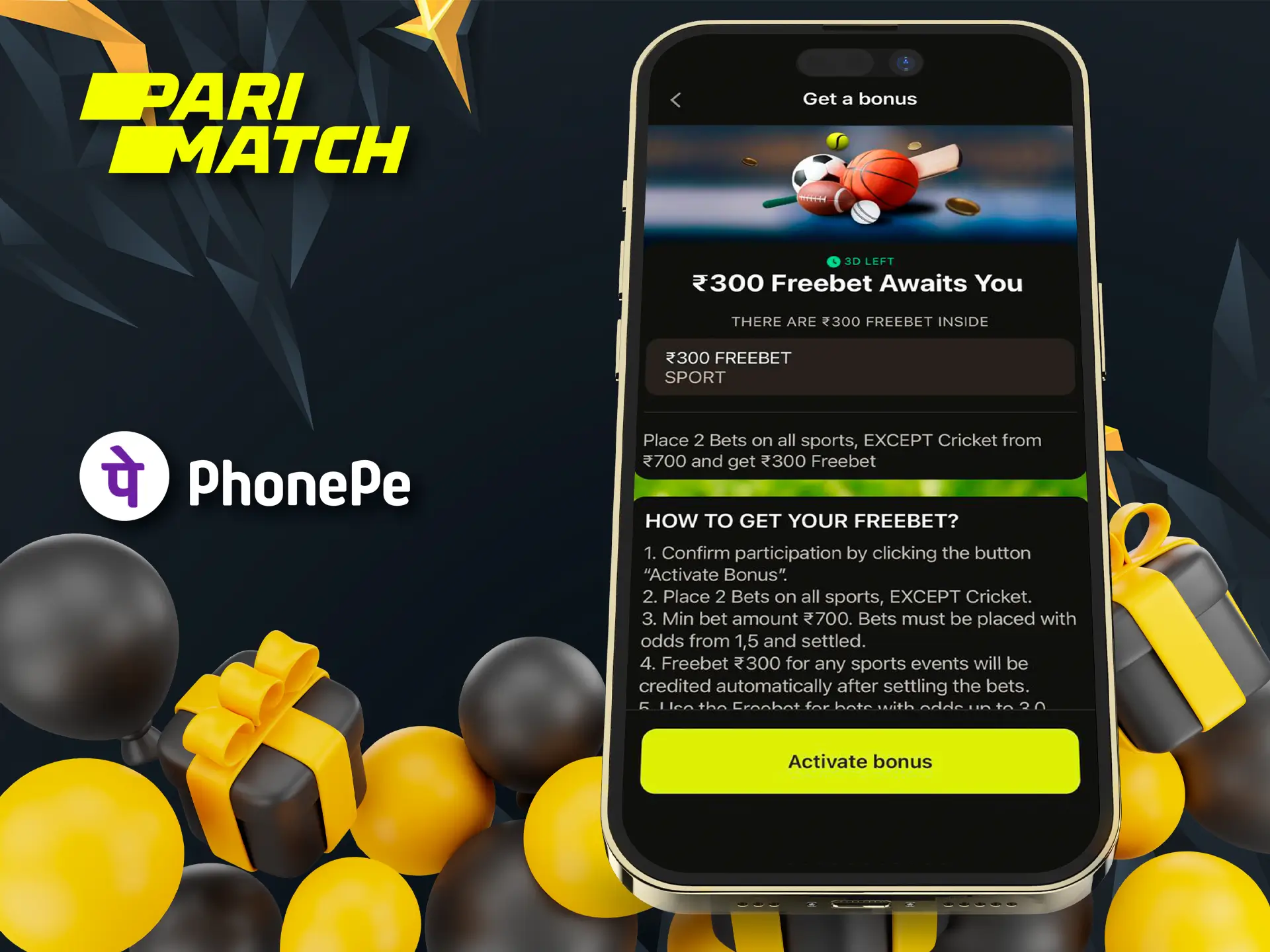 Parimatch's line-up of betting bonuses will help you win big and withdraw via PhonePe.