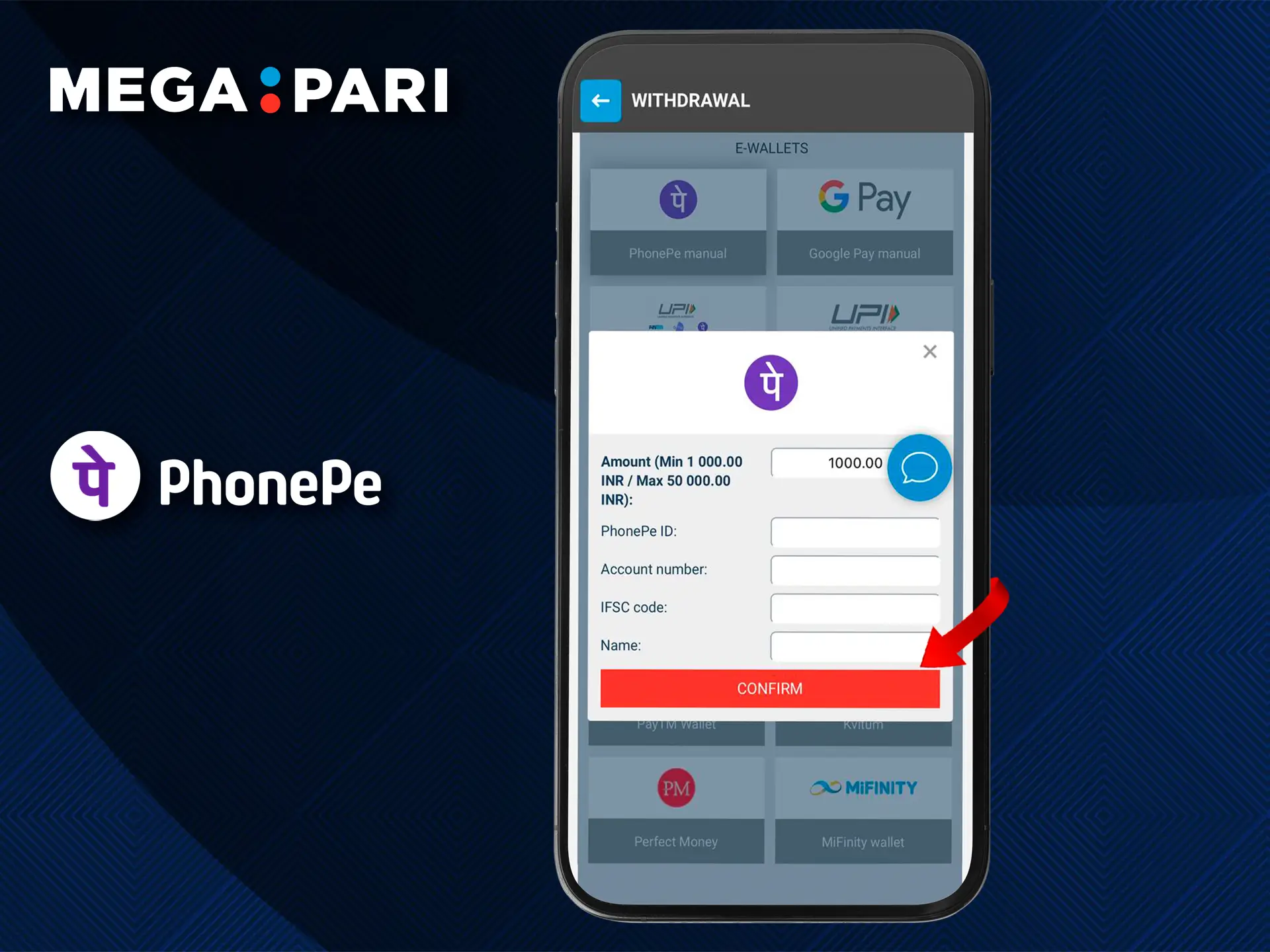 Enter the amount you need and confirm your withdrawal from Megapari Casino via PhonePe.