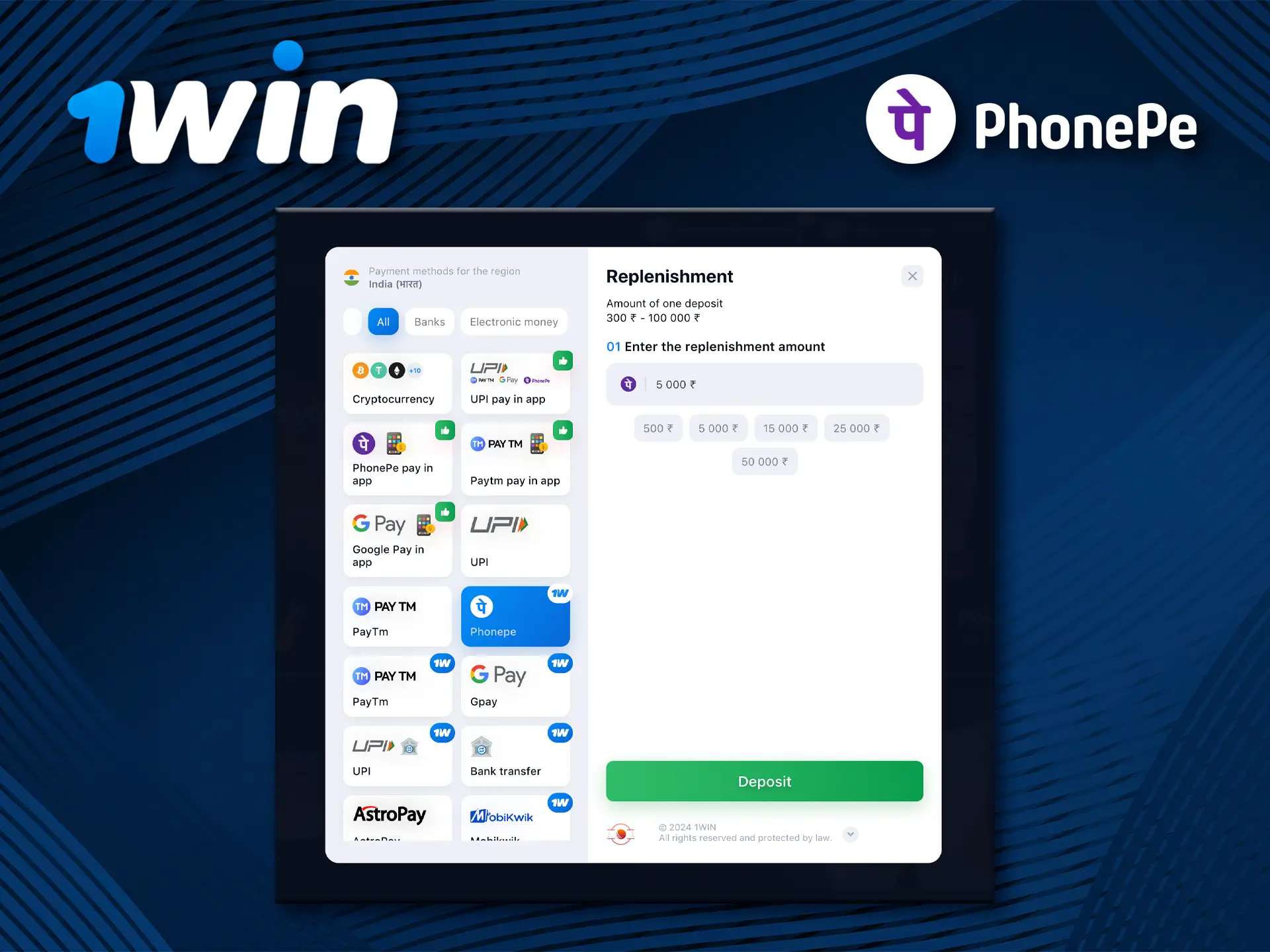 1Win is known for its wide range of deposit and withdrawal methods including PhonePe.