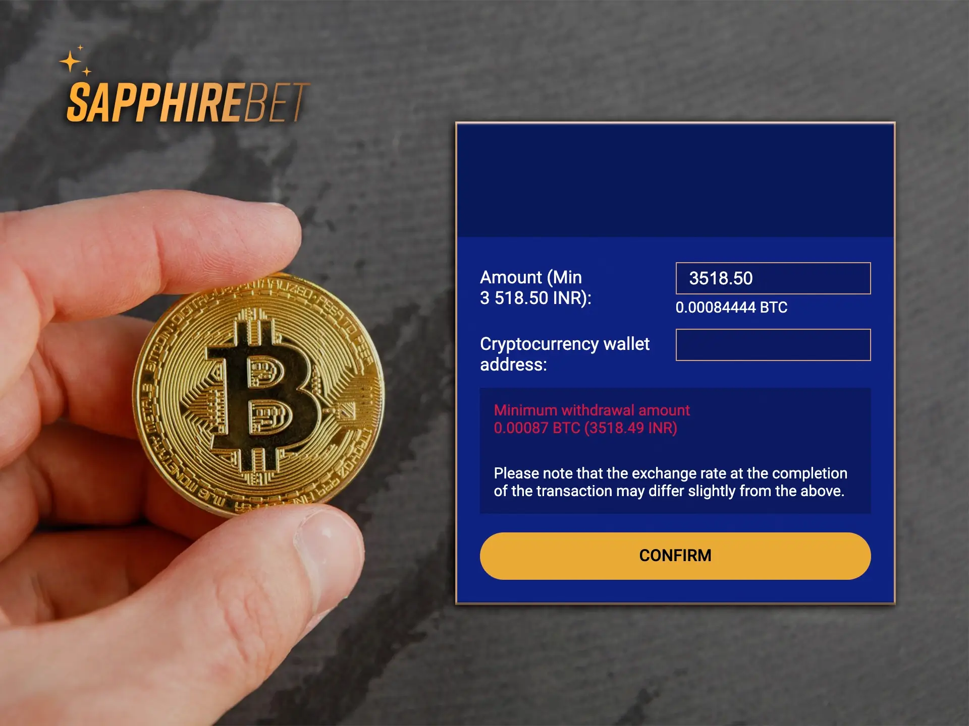 At SapphireBet Casino, you have the option to withdraw your money straight into bitcoin.