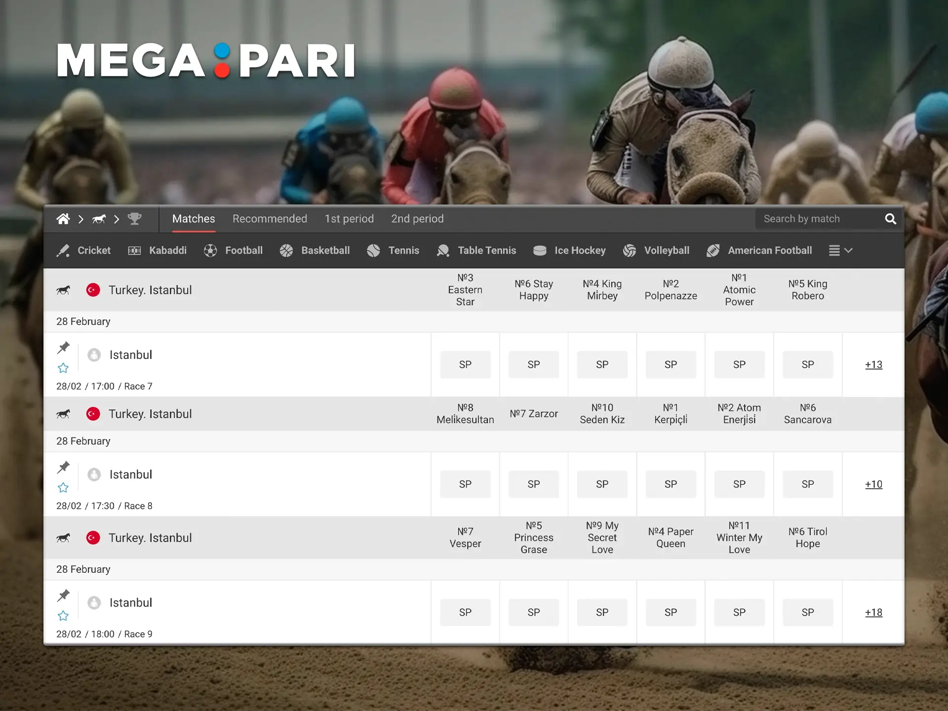 A wide variety of horse races can be found at Megapari.