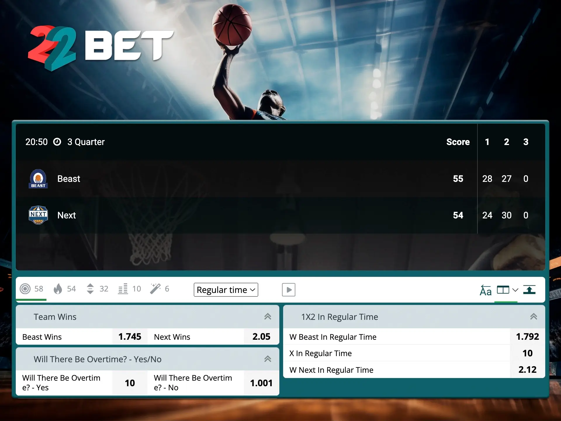 Make an instant registration at 22Bet and start betting on basketball.
